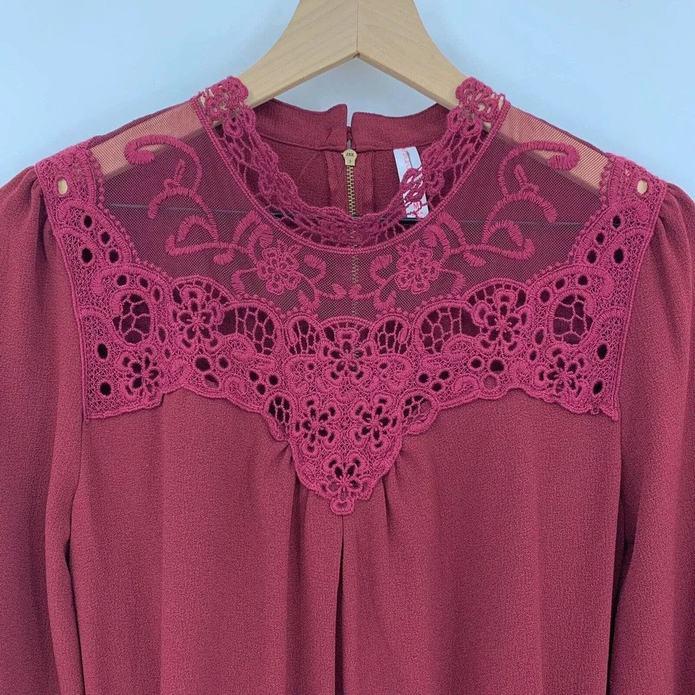 Xhilaration Womens Romper M Maroon Long Sleeve Youthful Charm Lace Yoke Feminine